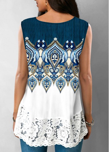 Blue tops,Tribal tops,ROTITA Blue Tribal Print Lace Stitching Tank Top