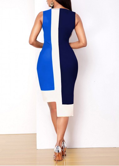 Blue dresses,Contrast Color dresses,ROTITA Asymmetric Hem Blue Sleeveless Contrast Dress