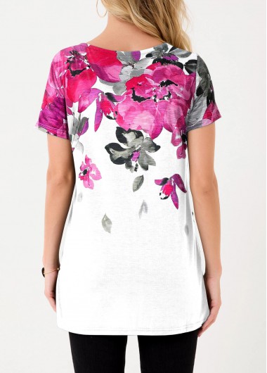 White tops,Floral tops,ROTITA White Floral Print Hot Drilling T Shirt