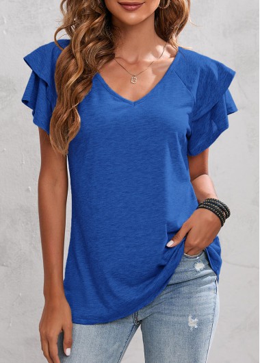 Royal Blue tops,Plain Color tops,Layered Ruffle Sleeve V Neck Royal Blue T Shirt