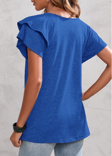 Royal Blue tops,Plain Color tops,Layered Ruffle Sleeve V Neck Royal Blue T Shirt