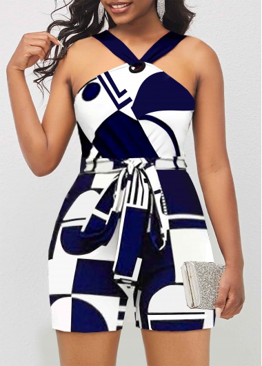 Geometric jumpsuits & rompers,ROTITA Belted Color Block Geometric Print Romper