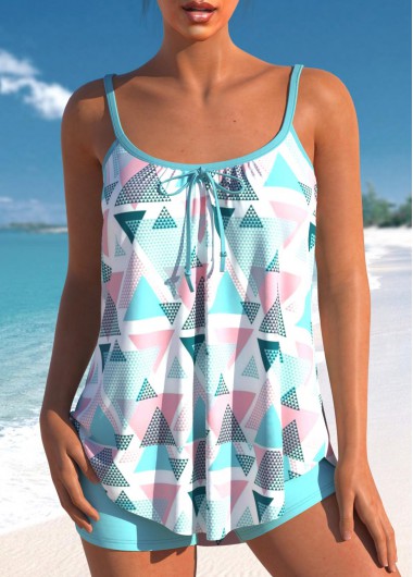Light Blue swimwear,Geometric swimwear,ROTITA Geometric Print Bowknot Light Blue Tankini Set
