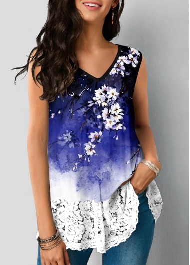 Multi Color tops,Floral tops,ROTITA V Neck Lace Stitching Multi Color Tank Top