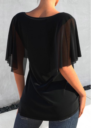 Black tops,Plain Color tops,ROTITA Cape Sleeve Black Metal Decorative T Shirt