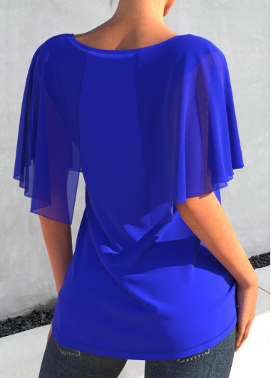Royal Blue tops,Plain Color tops,ROTITA Cape Sleeve Royal Blue Metal Decorative T Shirt