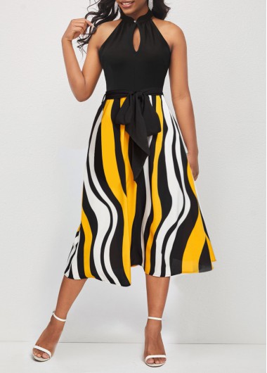 Striped dresses,ROTITA Bib Neck Striped Color Block Belted Dress