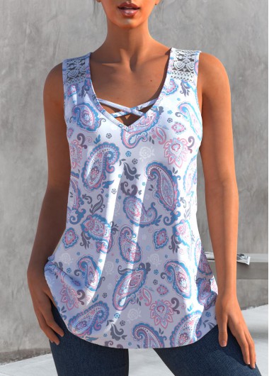 Light Purple tops,Paisley tops,ROTITA Light Purple Paisley Print Lace Stitching Tank Top