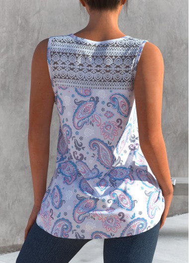 Light Purple tops,Paisley tops,ROTITA Light Purple Paisley Print Lace Stitching Tank Top