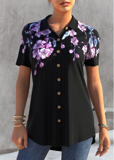 Black tops,Floral tops,ROTITA Floral Print Button Up Black Blouse