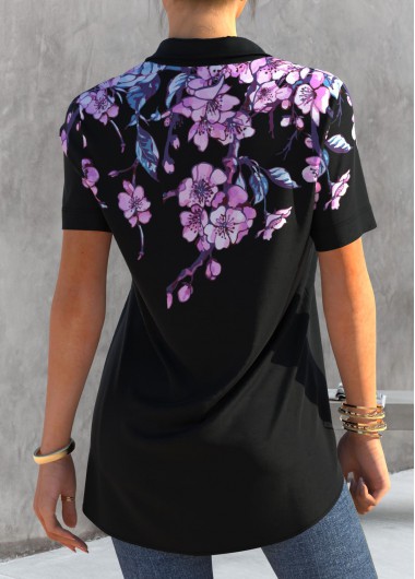 Black tops,Floral tops,ROTITA Floral Print Button Up Black Blouse