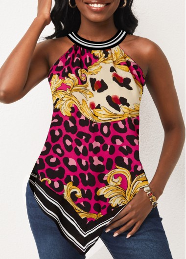 Hot Pink tops,Tribal tops,ROTITA Rose Red Leopard Baroque Print Bib Neck Tank Top