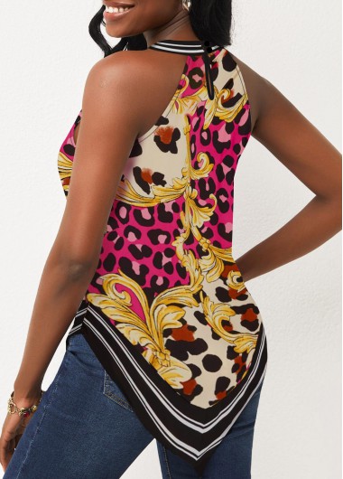 Hot Pink tops,Tribal tops,ROTITA Rose Red Leopard Baroque Print Bib Neck Tank Top