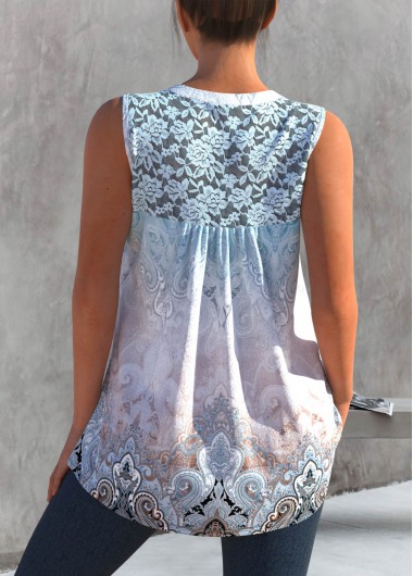 Multi Color tops,Tribal tops,ROTITA Tribal Print Lace Stitching Split Neck Tank Top