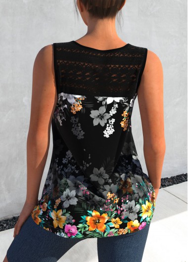Black tops,Floral tops,ROTITA Lace Stitching Black Floral Print Tank Top