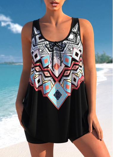 Black swimwear,Tribal swimwear,ROTITA Tribal Print Bowknot Black Tankini Top