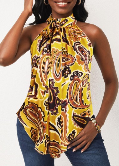 Yellow tops,Paisley tops,ROTITA Bib Neck Yellow Floral Print Tank Top