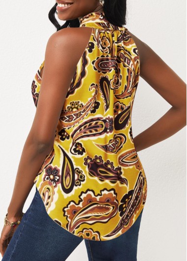 Yellow tops,Paisley tops,ROTITA Bib Neck Yellow Floral Print Tank Top
