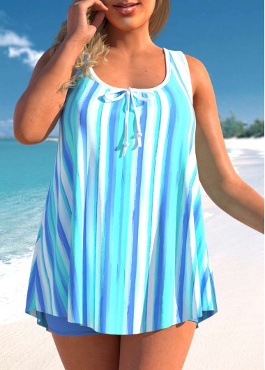 Light Blue plus size,Striped plus size,ROTITA Plus Size Bowknot Striped Sky Blue Tankini Set