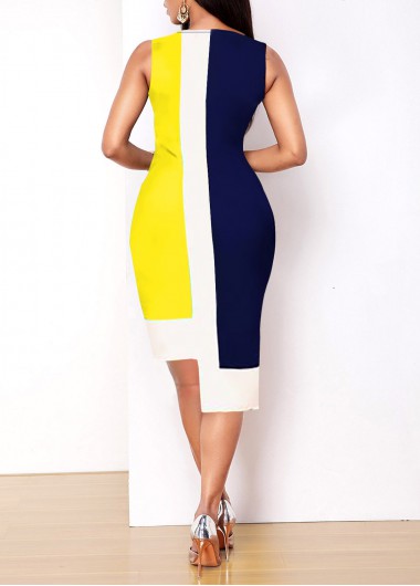 Yellow dresses,Contrast Color dresses,ROTITA Asymmetric Hem Sleeveless Yellow Contrast Dress