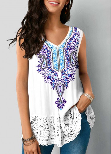 ROTITA White Lace Stitching Tribal Print Tank Top