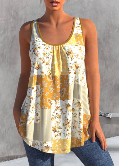 Yellow tops,Paisley tops,ROTITA Paisley Print Yellow Contrast Tank Top