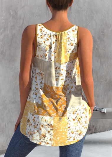 Yellow tops,Paisley tops,ROTITA Paisley Print Yellow Contrast Tank Top