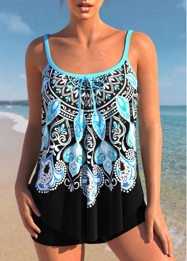 ROTITA Bowknot Sky Blue Tribal Print Tankini Top