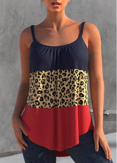 ROTITA Fabric Stitching Leopard Color Block Camisole Top