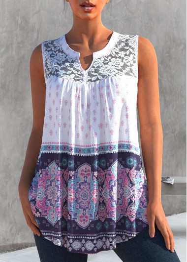 ROTITA Split Neck Tribal Print Lace Stitching Tank Top