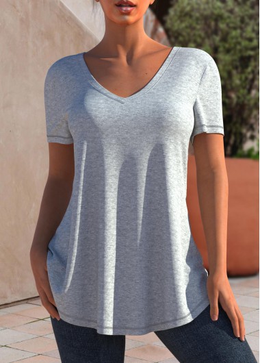 Plain Color tops,ROTITA V Neck Grey Marl Short Sleeve T Shirt