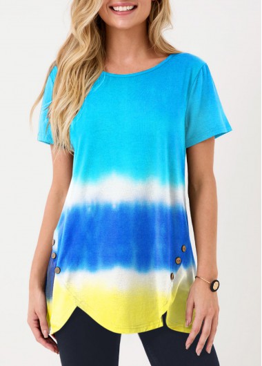 ROTITA Color Block Ombre Decorative Button T Shirt