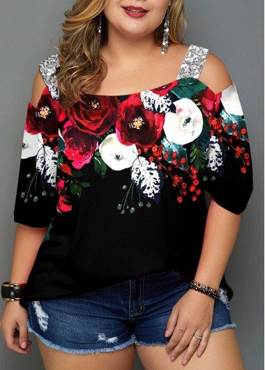 ROTITA Plus Size Floral Print Black Sequin T Shirt