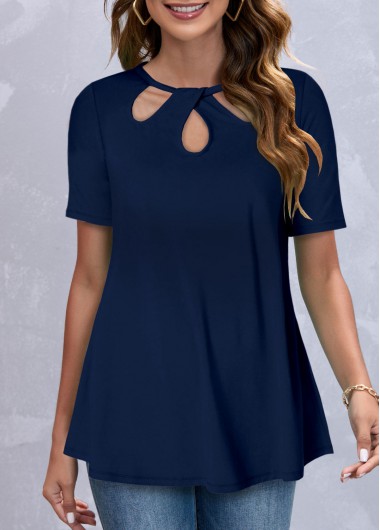 ROTITA Navy Blue Cage Neck Short Sleeve Blouse