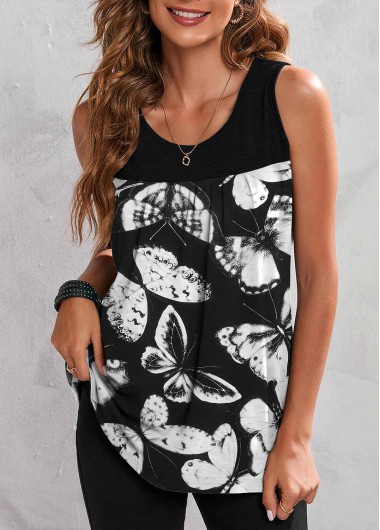 ROTITA Butterfly Print Wide Strap Black Tank Top