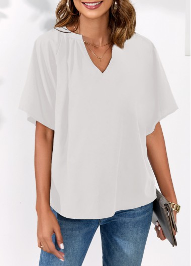 White tops,Plain Color tops,Split Neck White Butterfly Sleeve Blouse