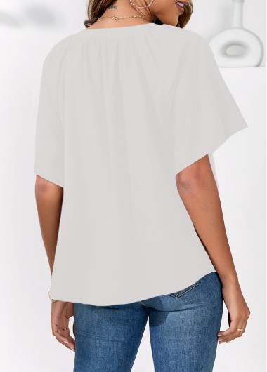 White tops,Plain Color tops,Split Neck White Butterfly Sleeve Blouse