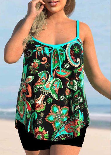 ROTITA Plus Size Paisley Print Bowknot Cyan Tankini Set