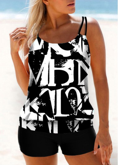 ROTITA Letter Print Double Straps Black Tankini Top