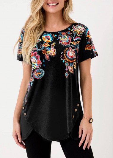 ROTITA Floral Print Decorative Button Black T Shirt