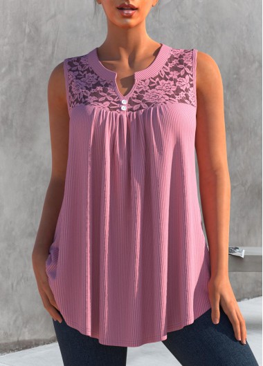 ROTITA Dusty Pink Lace Stitching Split Neck Tank Top