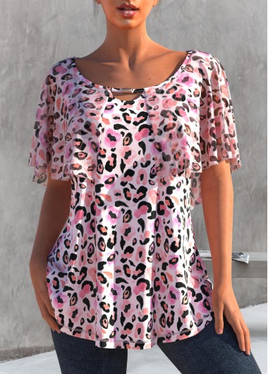 ROTITA Light Pink Leopard Cape Sleeve T Shirt