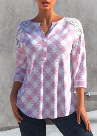 ROTITA Pink Plaid Lace Stitching Split Neck Blouse