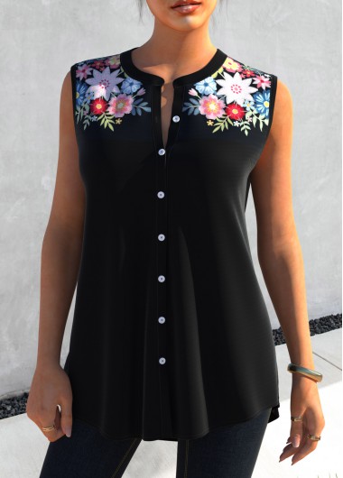 ROTITA Black Floral Print Split Neck Tank Top