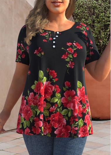 ROTITA Floral Print Black Plus Size T Shirt
