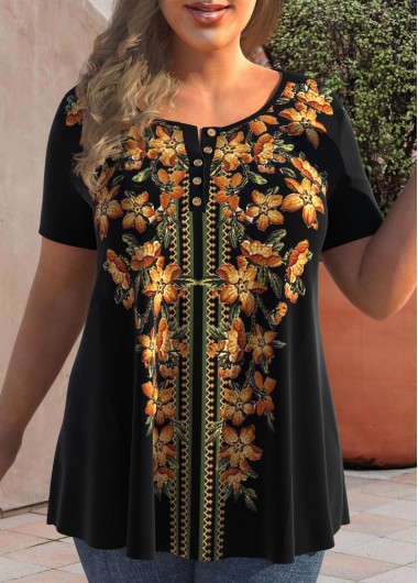 ROTITA Floral Print Black Plus Size T Shirt