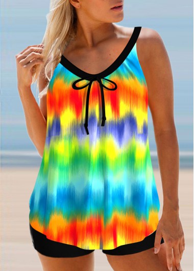 ROTITA Tie Dye Print Bowknot Multi Color Tankini Top