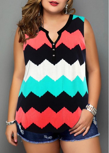 ROTITA Split Neck Plus Size Color Block Tank Top