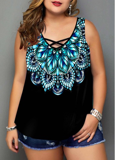 ROTITA Plus Size Tribal Print Black Tank Top