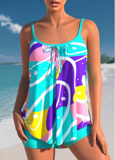 ROTITA Abstract Geometric Print Cyan Bowknot Tankini Set